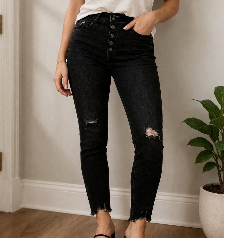 Judy‎ Blue Black Wash Skinny Fit Button Fly Jeans Ripped Frayed Hem Women 15/30